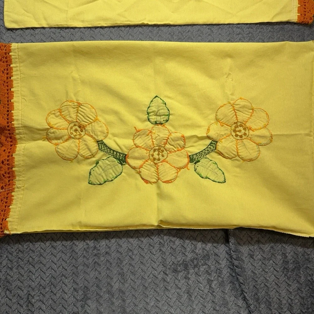 Vintage Cottagecore Hand Embroidered Pillowcase Set Standard‎ Lot of 2 Yellow